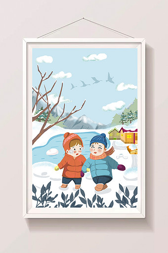 小寒冬季扁平雪地雪花风景扁平插画儿童图片
