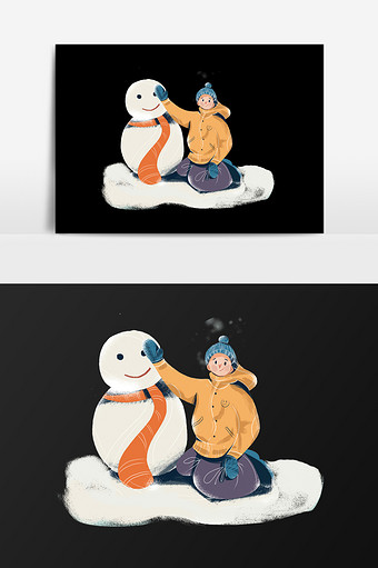 手绘堆雪人的人插画元素图片