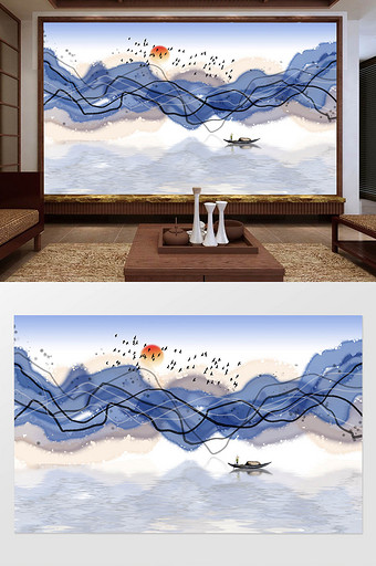 新中式抽象山水画背景墙装饰壁画图片