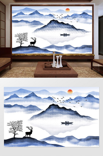 中式水墨鹿抽象山水画背景墙壁画图片