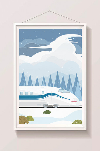 手绘雪中动车插画背景图片