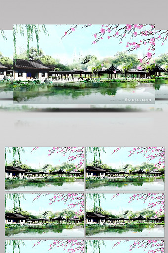 中国风格水墨庭院湖水展示视频素材图片
