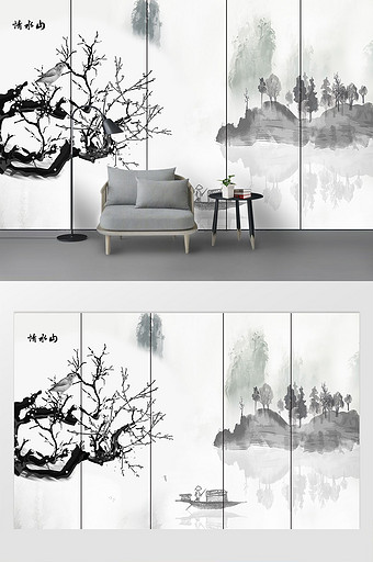 新中式手绘水墨山水风景背景墙图片