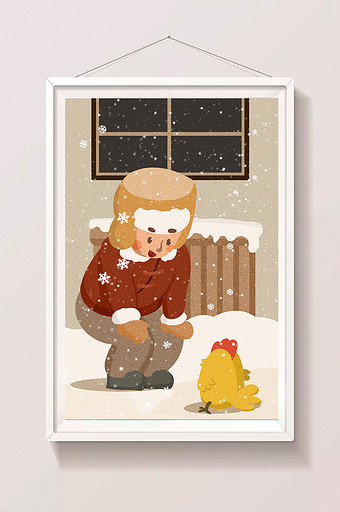 卡通小寒节气雪地男孩与小公鸡插画图片