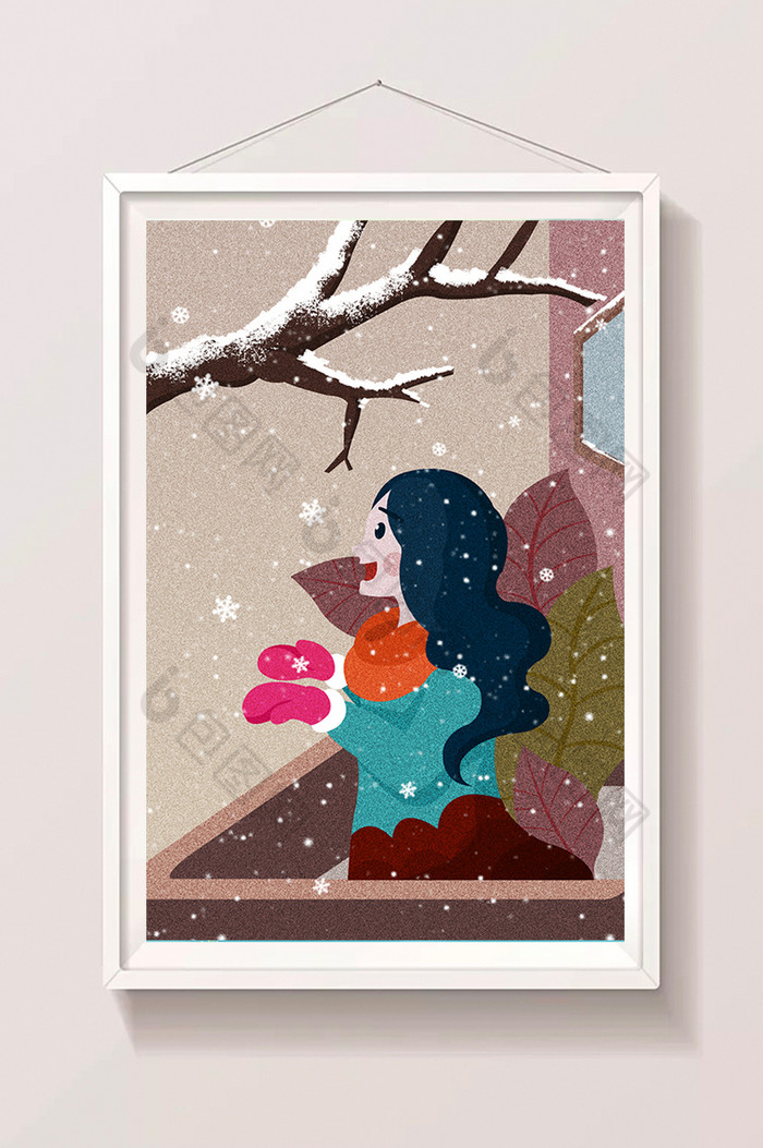 暖色系小寒节气女孩站在阳台赏雪插画图片图片