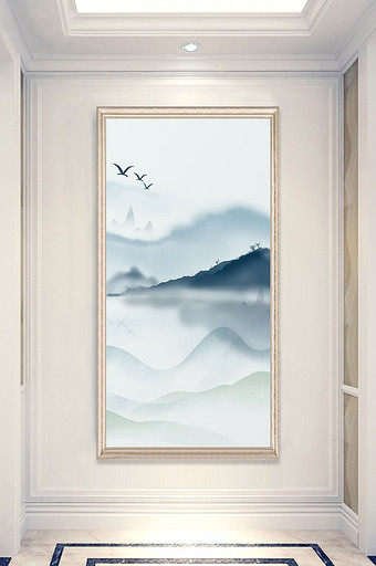 飞鸟新中式抽象蓝色水墨山水客厅玄关装饰画图片