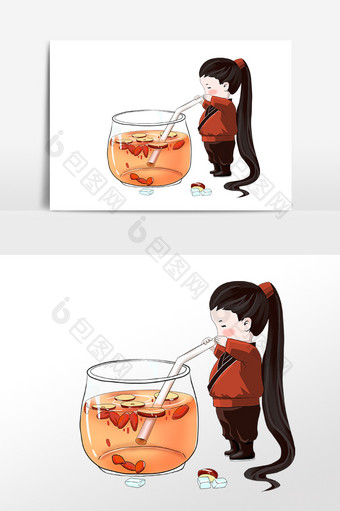 卡通喝红枣枸杞水的小女孩素材图片
