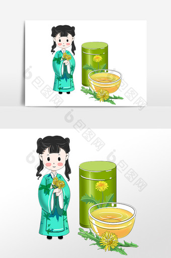 卡通蒲公英茶人物素材图片