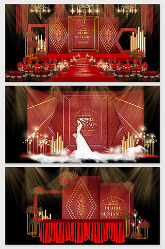 现代简约红金欧式婚礼舞台效果图图片