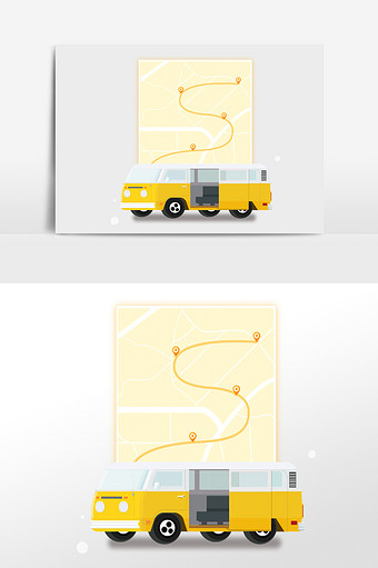 黄色带地图大巴车漫画元素图片