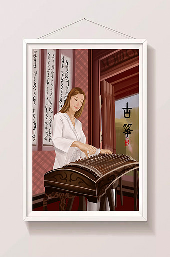 古韵中国传统文化古筝弹古筝演奏古曲插画图片