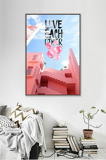 北欧ins风景建筑粉色装饰画图片