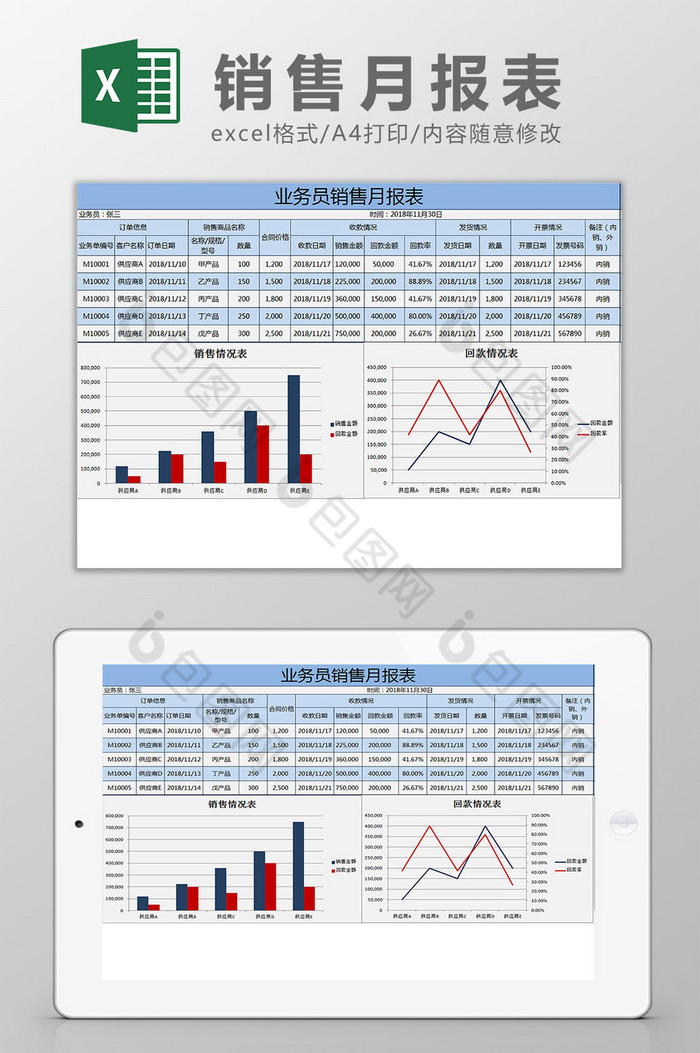 蓝色业务员销售月报表excel模板图片图片