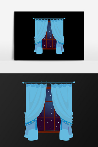 手绘蓝色漂亮窗帘插画元素图片