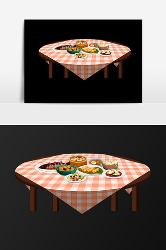 手绘桌子上的可口饭菜插画元素图片