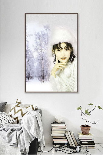 北欧抽象美女水墨大雪装饰画图片
