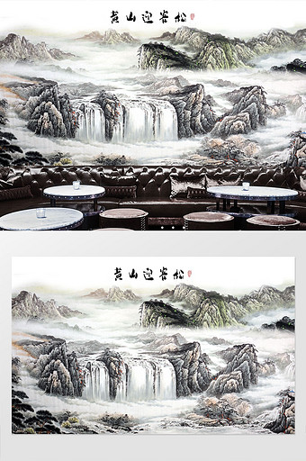 中国风水墨山水黄山迎客松风景电视背景墙图片