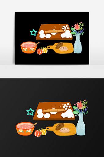 手绘包饺子的材料和用具插画元素图片