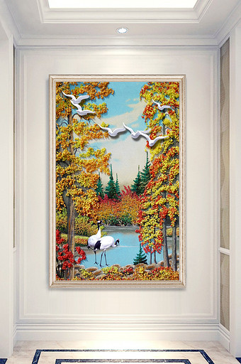 现代森林树木油画风景画飞鸟白鹤玄关装饰画图片