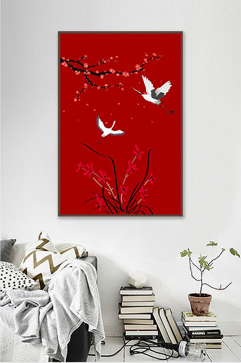 新中式梅兰仙鹤红色意境装饰画图片