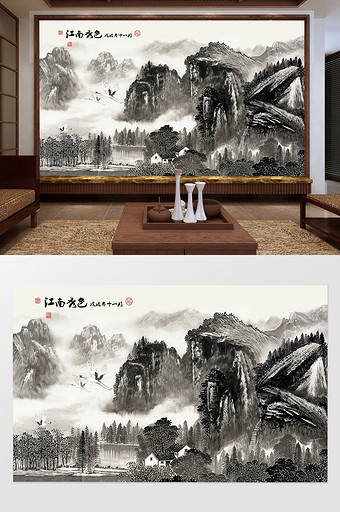 中国风水墨山水江南秀色国画背景墙图片