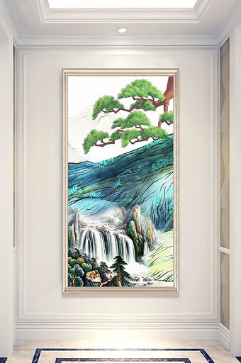 中式手绘山水画松树玄关装饰画图片