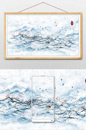 蓝色调水墨仙鹤山水画中国风插画图片