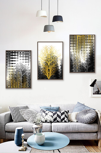 现代黑金剪影树客厅装饰画图片