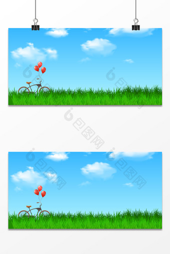 清新草地单车阳光蓝天白云质感出游背景图片