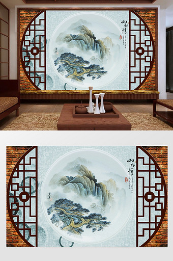 新中式复古山水情背景墙图片