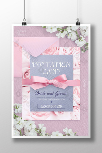 新鲜的粉红色信封蝴蝶结婚礼邀请海报图片