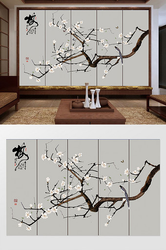 新中式工笔手绘花卉背景墙图片