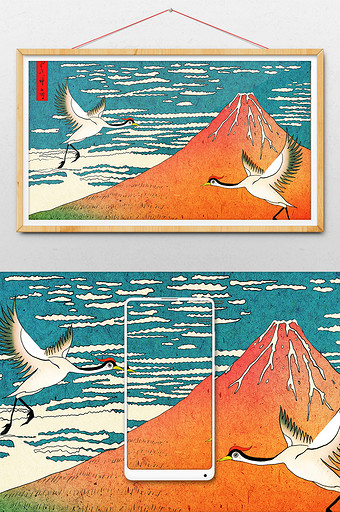 节日喜庆仙鹤中国红传统文化富士山浮世绘图片