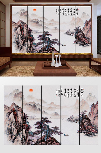 新中式山水画山脉迎客松背景墙图片