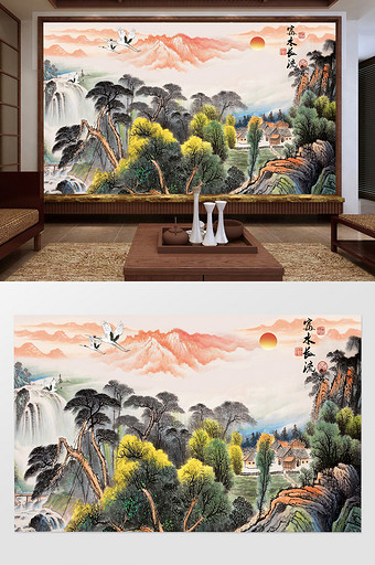 中国风水墨工笔国画山水富水长流电视背景墙图片
