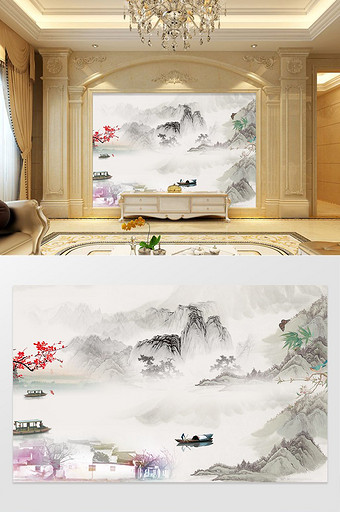 中国风水墨工笔国画江南盛景电视背景墙图片
