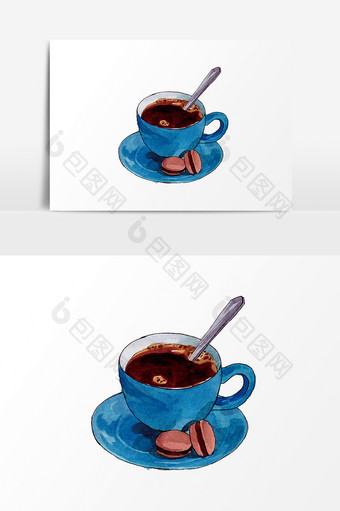 蓝色清新水彩卡通咖啡美食元素图片