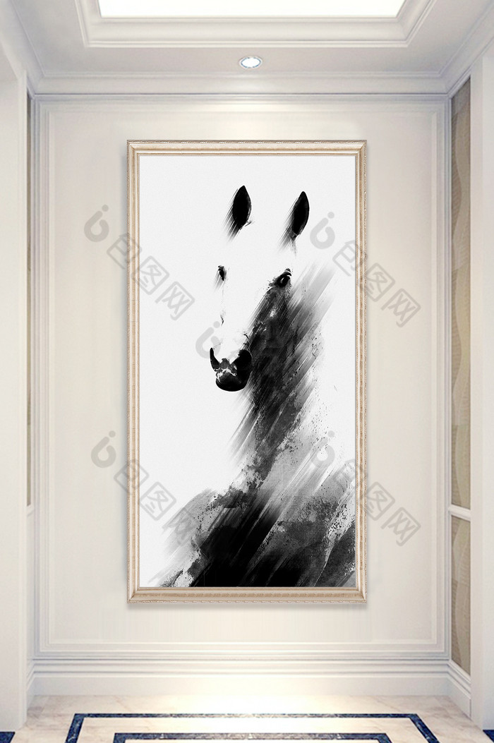 手绘大气水墨白马动物玄关装饰画图片图片