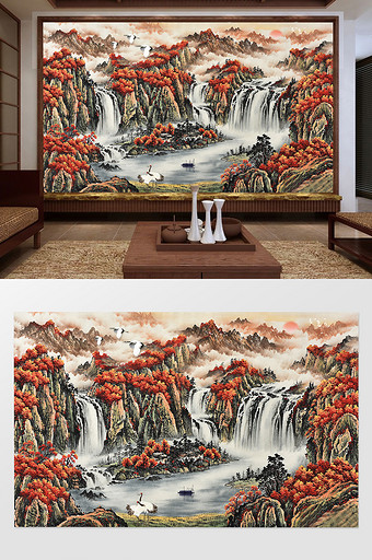 中国风水墨山水鸿运当头高山流水背景墙图片
