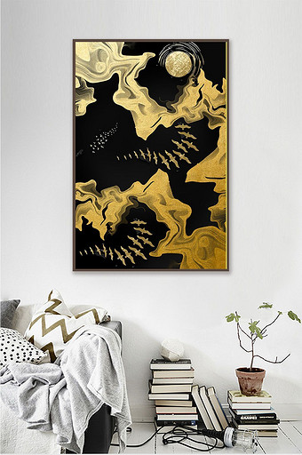 新中式抽象金色山峰麋鹿飞鸟年轮玄关装饰画图片