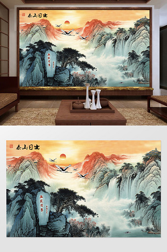 中国风水墨山水国画泰山日出电视背景墙图片