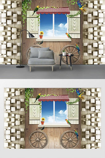 创意3D木纹窗外美景鹦鹉电视背景墙图片