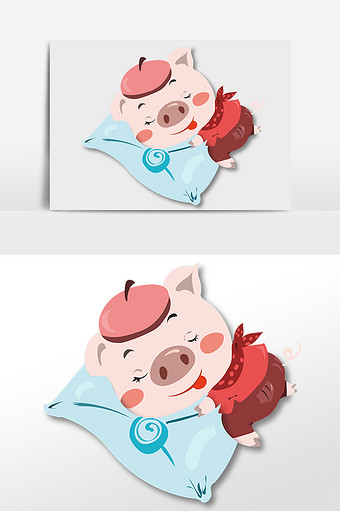 可爱小猪睡觉剪纸风插画图片