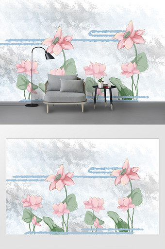 新中式手绘水墨荷花客厅背景墙图片