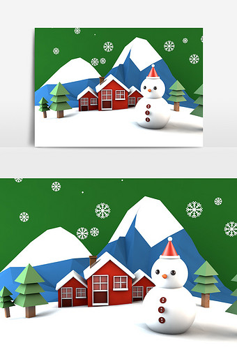 冬日雪景C4D场景模型雪人房子树海报元素图片