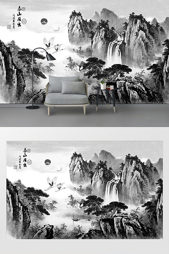 中国风水墨山水国画泰山日出背景墙图片