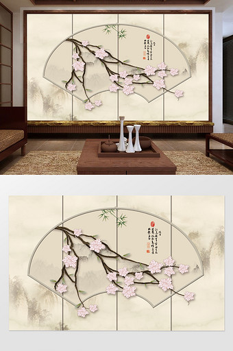 新中式海棠手绘工笔花鸟背景墙图片