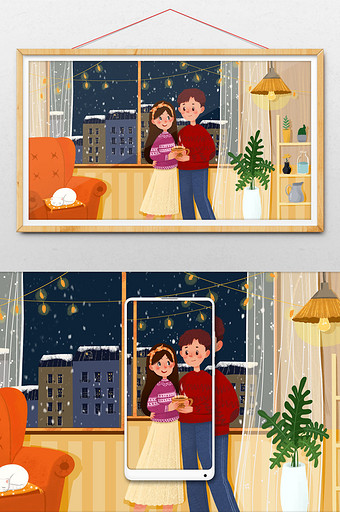 唯美清新冬季下雪室内情侣爱情插画图片