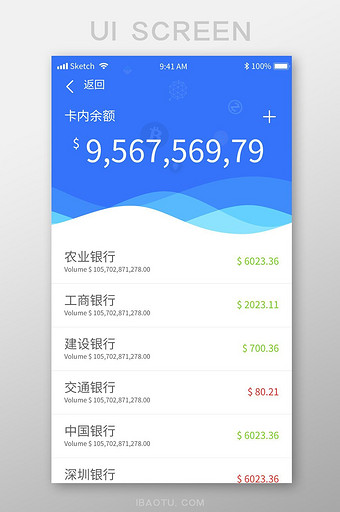 蓝色波浪金融app账户余额UI移动界面图片