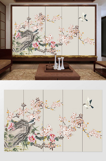 新中式手绘工笔梅花背景墙图片